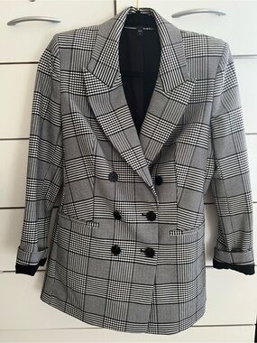 Express Black & White Checked Double-Breasted Blazer
